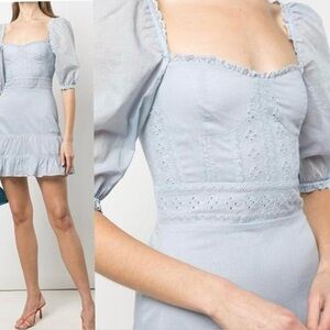 Reformation Paxton Puff Sleeve Lace Embroidered Mini Dress in Blue B783